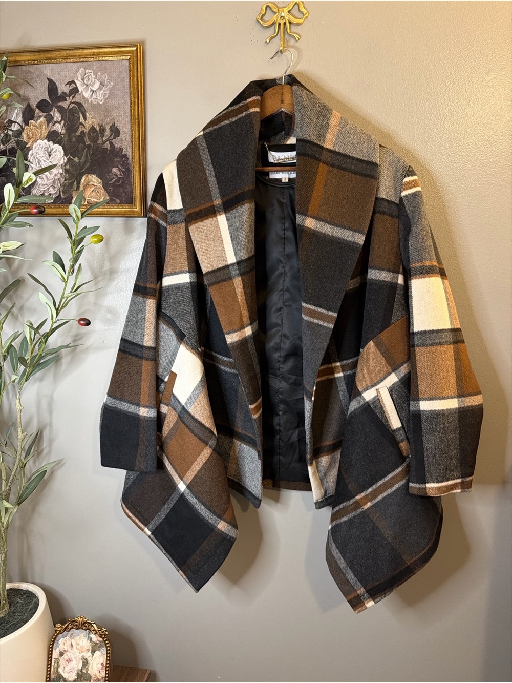 Chicwish Plaid Waterfall Jacket Wool Blend Open Front Drape Coat Brown Gray S - Picture 3 of 8